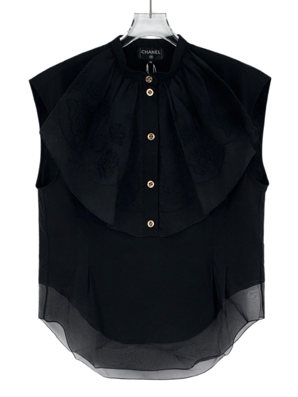 Chanel Black Sleeveless Blouse with Camellia Embroidery and Ruffled Hem